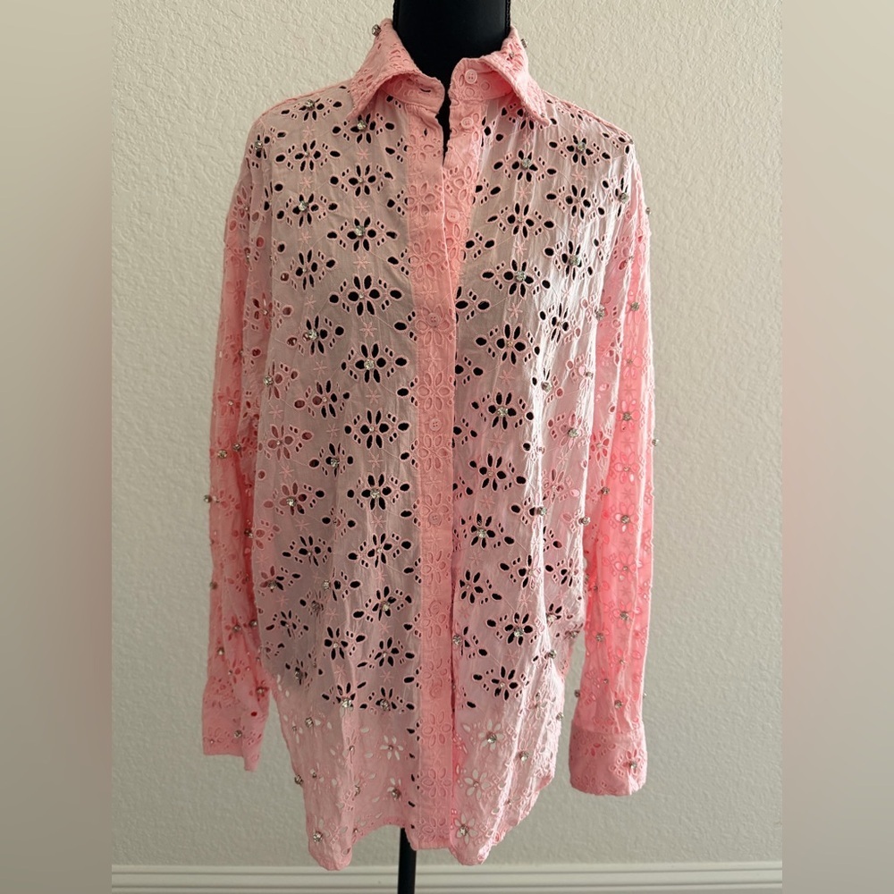 Maje Pink Embroidered Lace Shirt | Floral Openwork Top with Silver Rhinestones